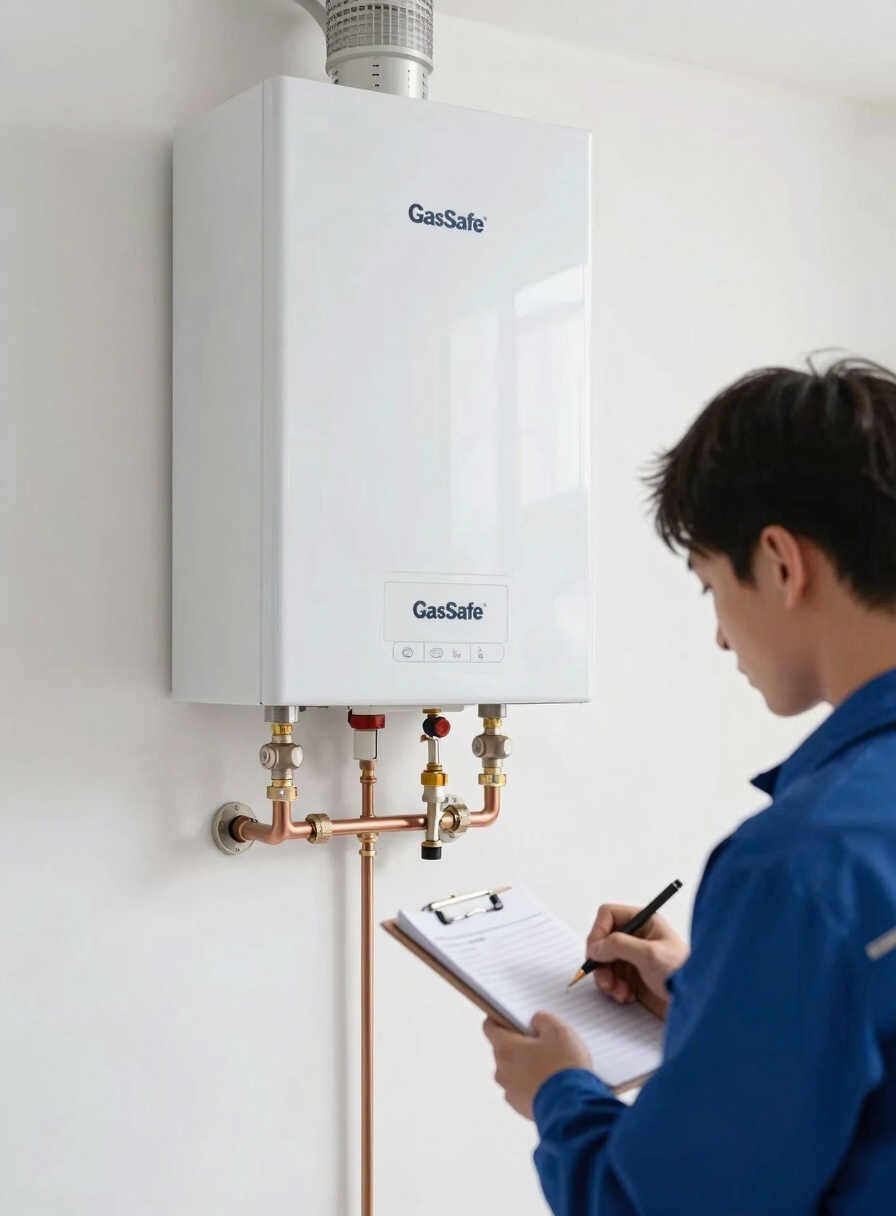 A Gas Safe engineer taking notes near a tidy domestic wall-mounted combi boiler