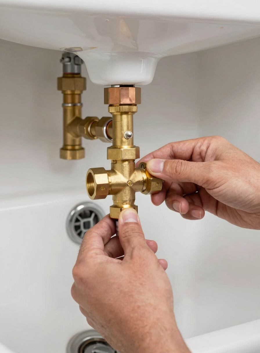 A certified plumber inspecting a brass isolation valve under a domestic sink with professional hand tools