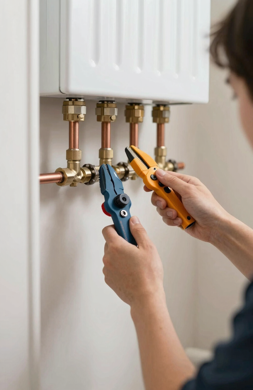 A Gas Safe certified engineer examining modern residential heating control valves with professional tools in an Essex home