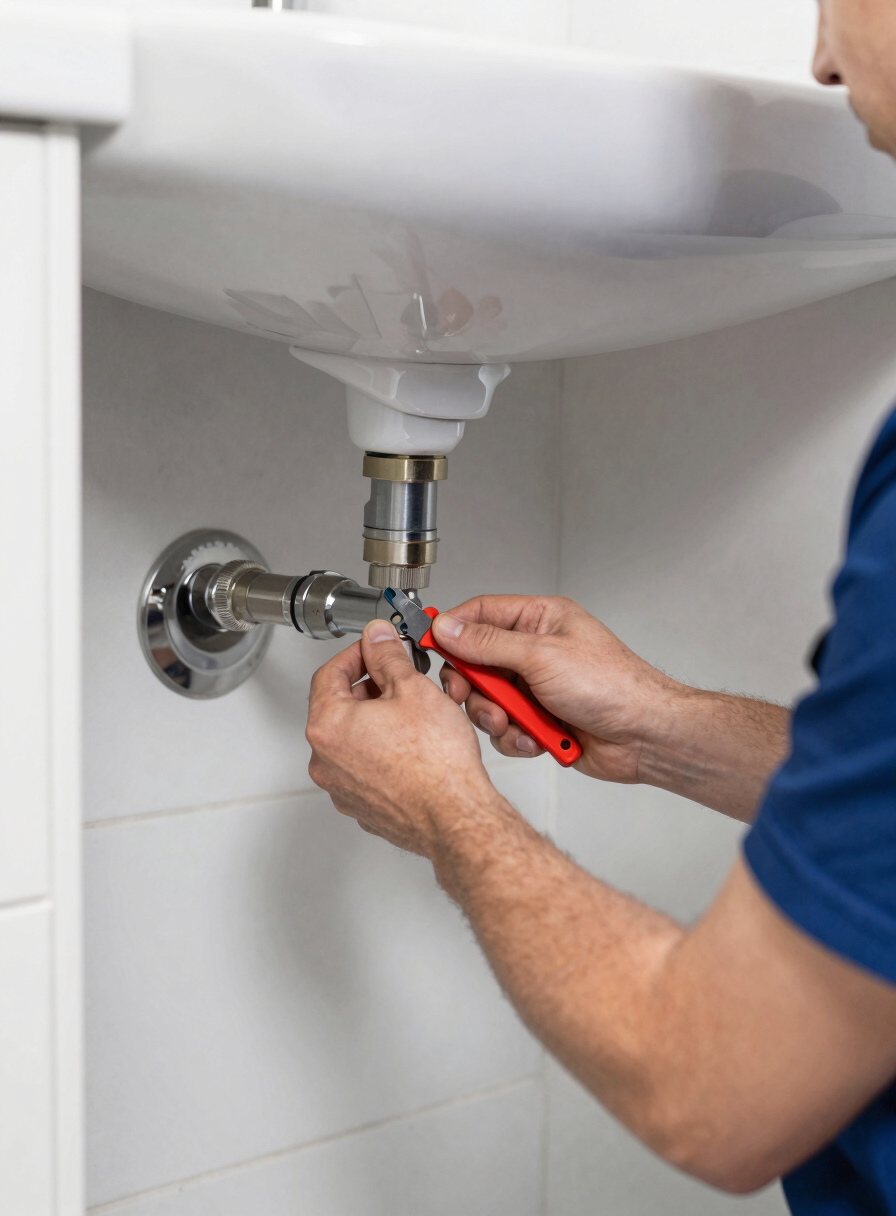 A plumbing engineer carefully working on pipe connections under a modern bathroom sink, demonstrating precision and expertise.
