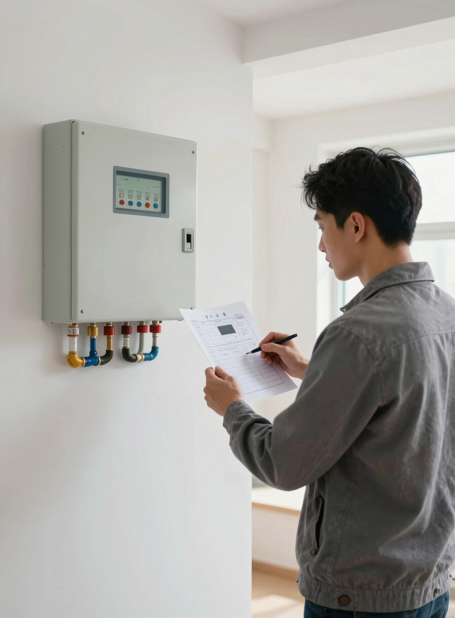 A heating engineer reviewing digital diagnostic charts next to a residential heating control panel in a clean modern house